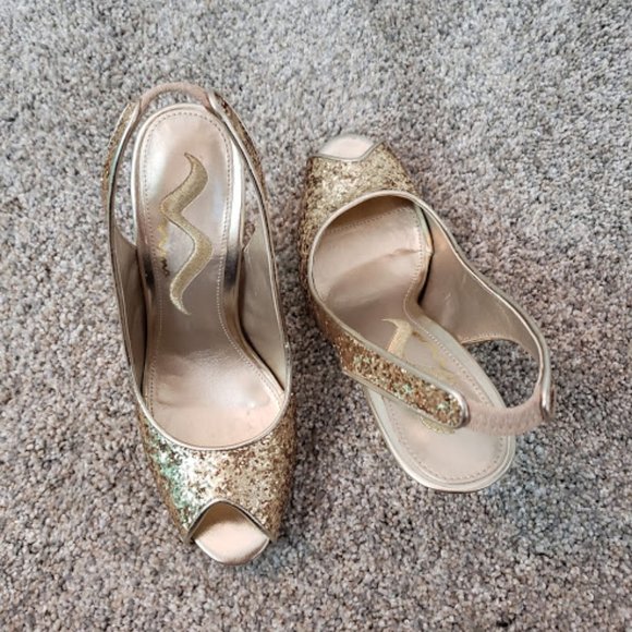 NWOT Nina Gold Glitter Sling Back Heels SZ 6 1/2 - Picture 3 of 4